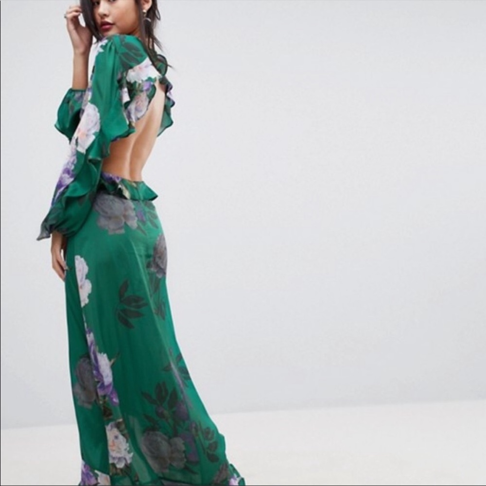 ASOS backless green floral maxi dress